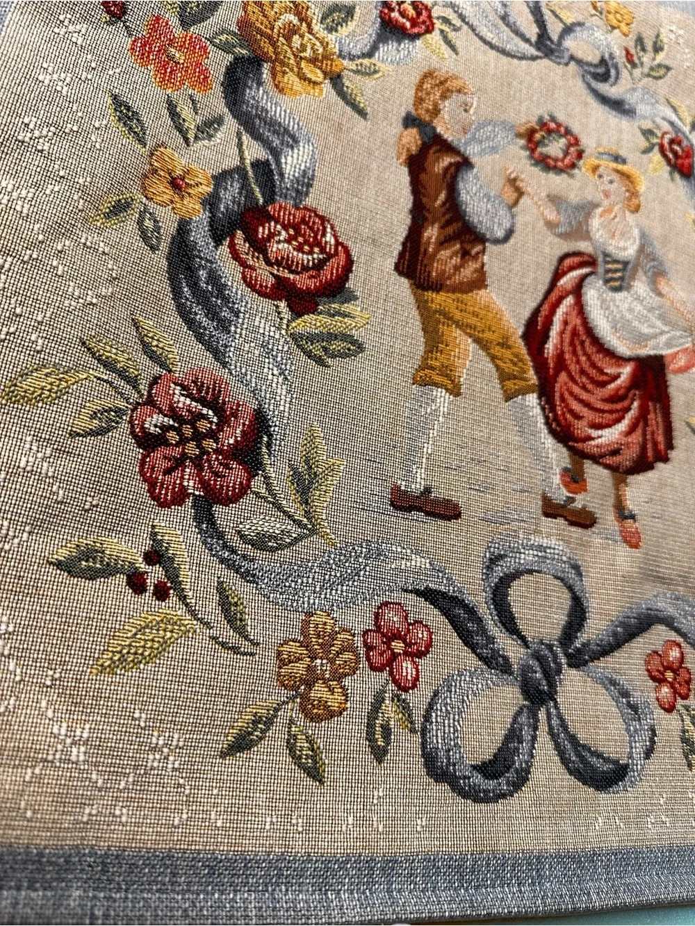 J Pansu Paris France Tapestry Pillow Cover 18” Dancing Couple Zipper Close Vtg